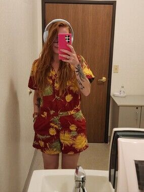 Free‎ People Malibu Romper Autumn Fall Colors Deep Red Gold Green Palm Trees